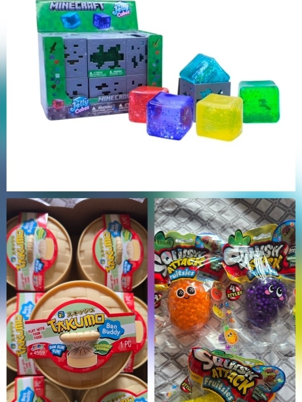 Bundle Of 3 - Bao Buddy Dumpling, Minecraft Jelly Cube, Squish Attack Fruitsies